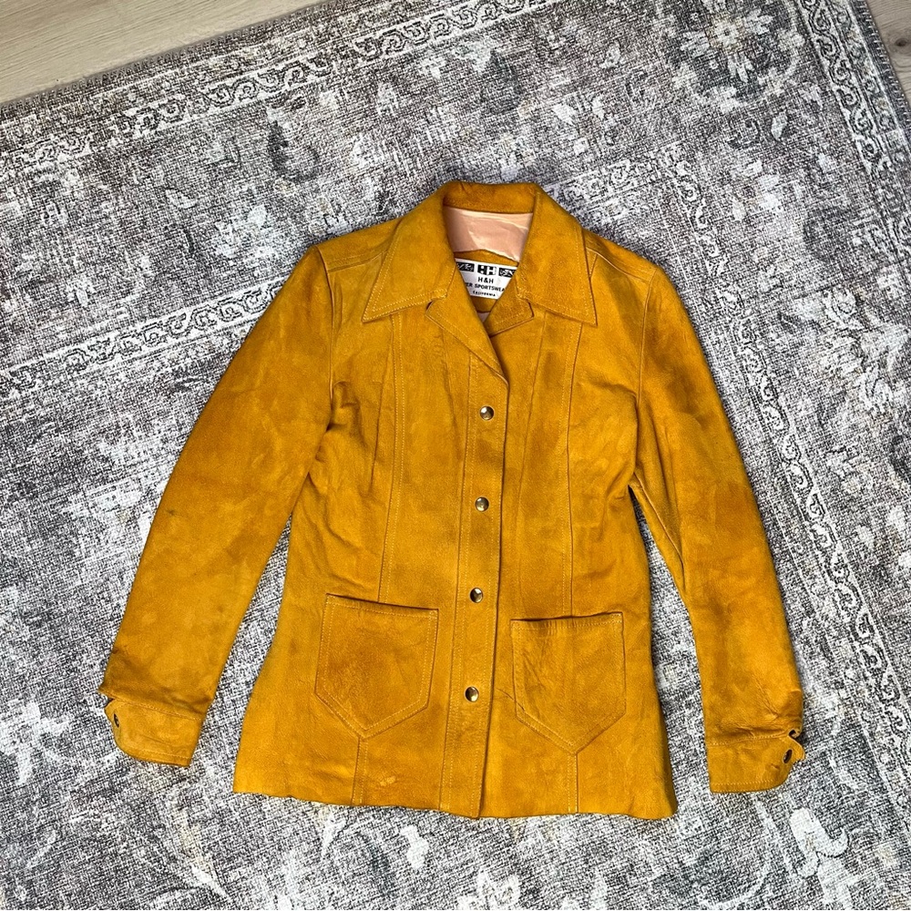 Vintage 70s H&H‎ Yellow Suede Leather Jacket Tag 10 Measures Small Dagger Collar